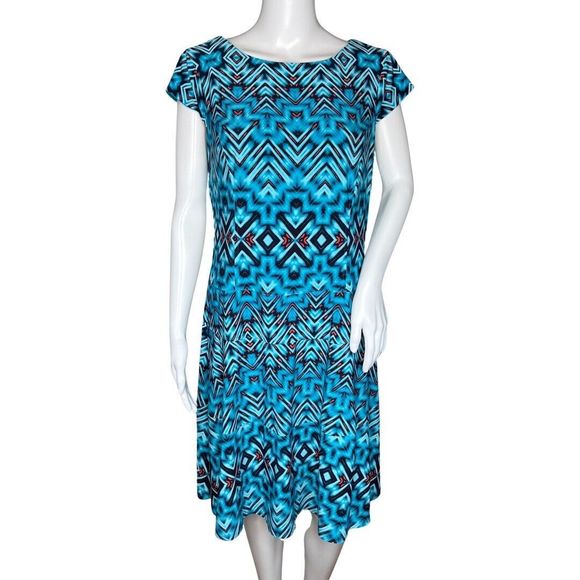 Anne Klein‎ Dress Womens 12 Blue Red Aztec Print Fit Flare Career Slinky Travel - Picture 1 of 10